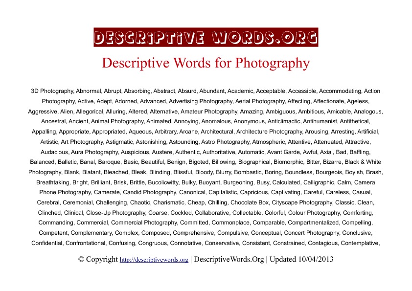 Photography Descriptive Words